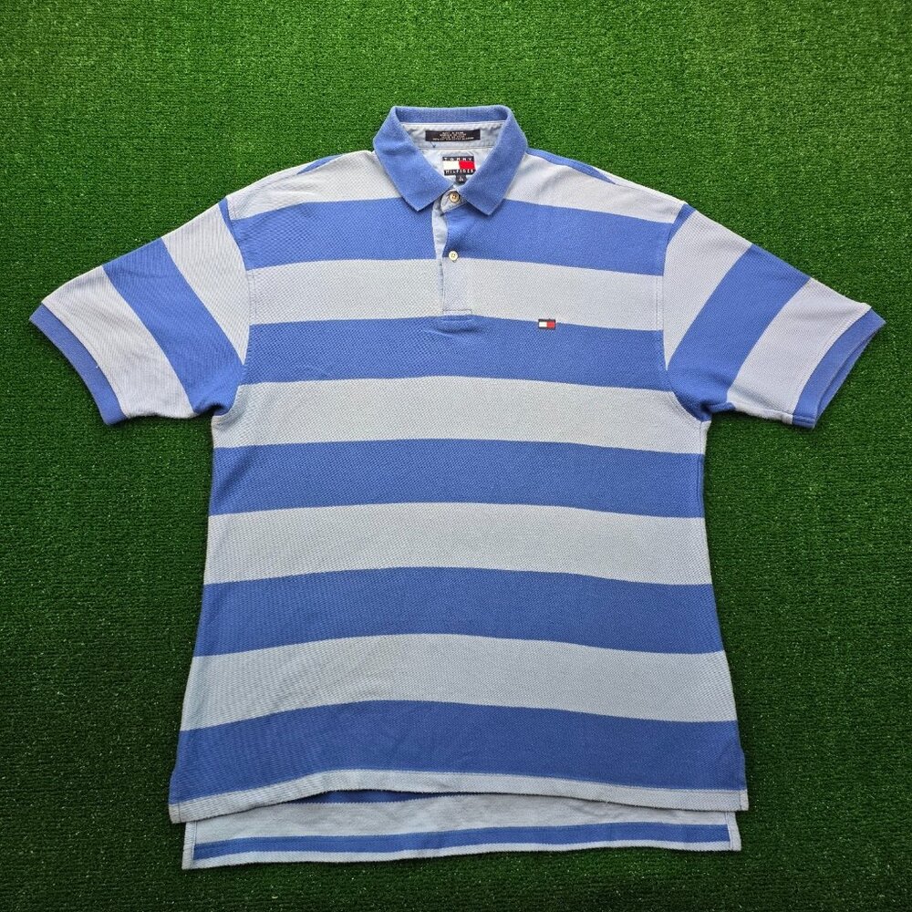 Tommy Hilfiger Polo Shirt Mens Large Blue‎ Striped Golf Preppy Summer Casual